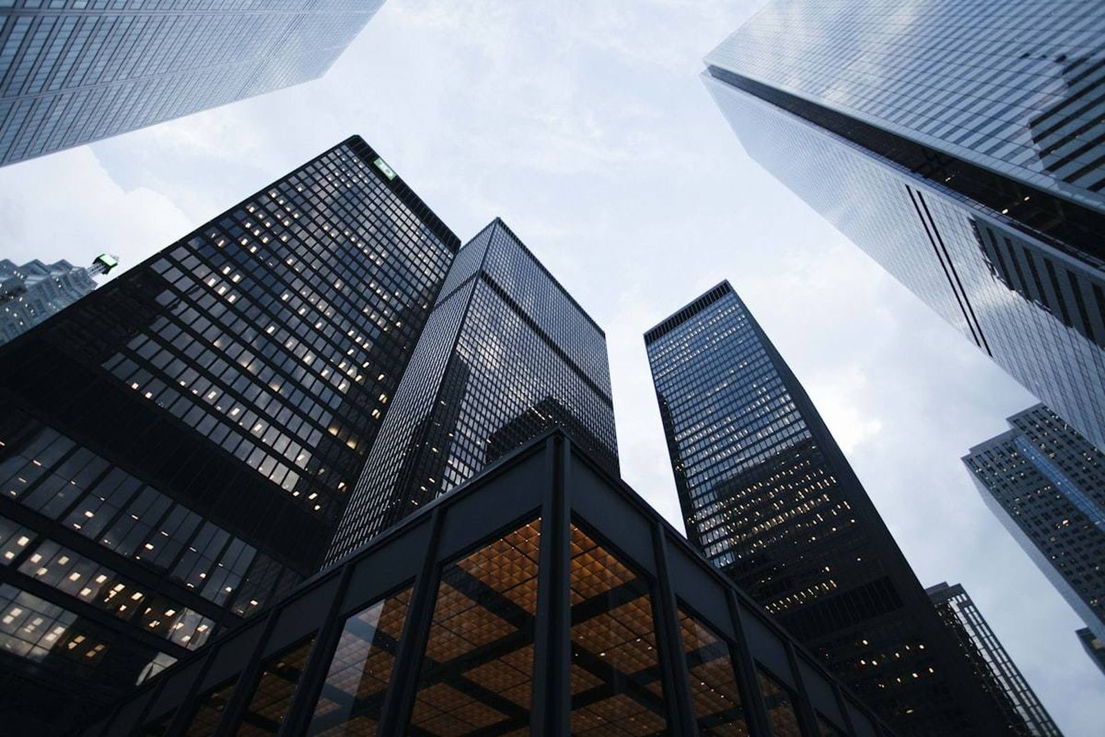 Glass office towers against the sky.
